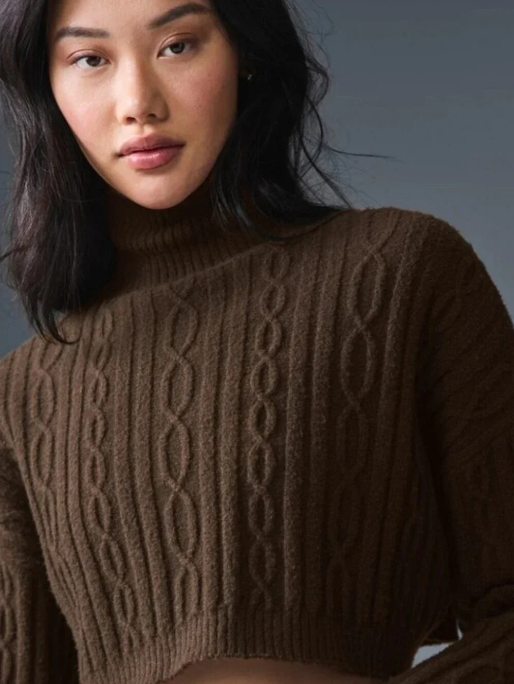 ALO YOGA CABLE KNIT CROPPED WINTER BLISS TURTLENECK SWEATER ESPRESSO BROWN